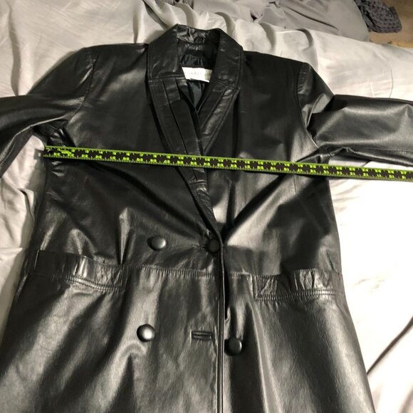 Vintage Charles Klein Womens Leather Trench Cota Small Black Button Front Biker - Picture 5 of 16